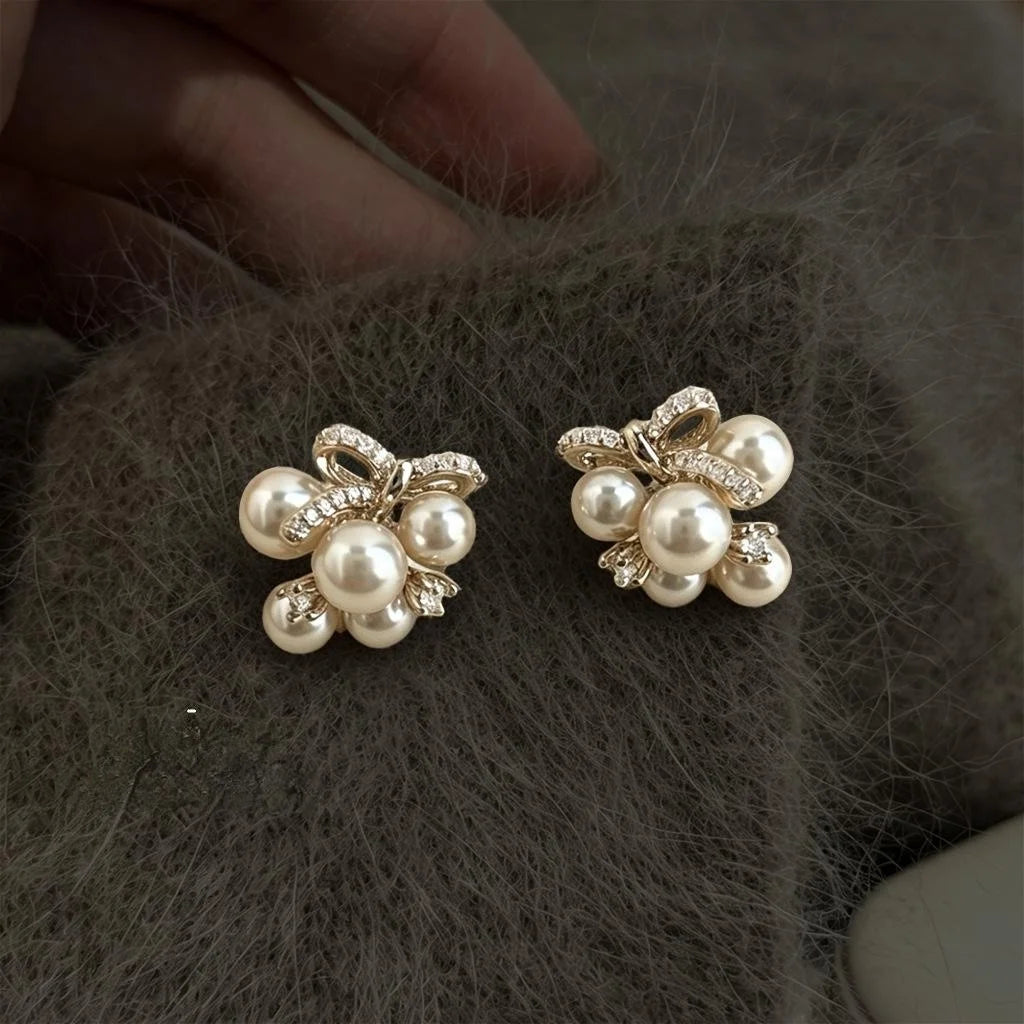 Light Luxury Coffee Gold Pearl Grape Cluster Zircon Micro Pave Stud Earrings For Women