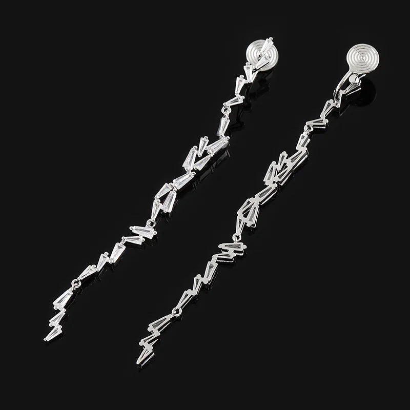 Elegant Trapezoid Crystal Rhinestone Tassel Long Drop Stud & Clip On No Piercing Wedding Earrings