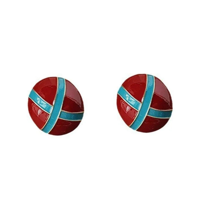 French Burgundy Enamel 14K Plated Copper Round Geometric Stud Earrings Vintage Hong Kong Style