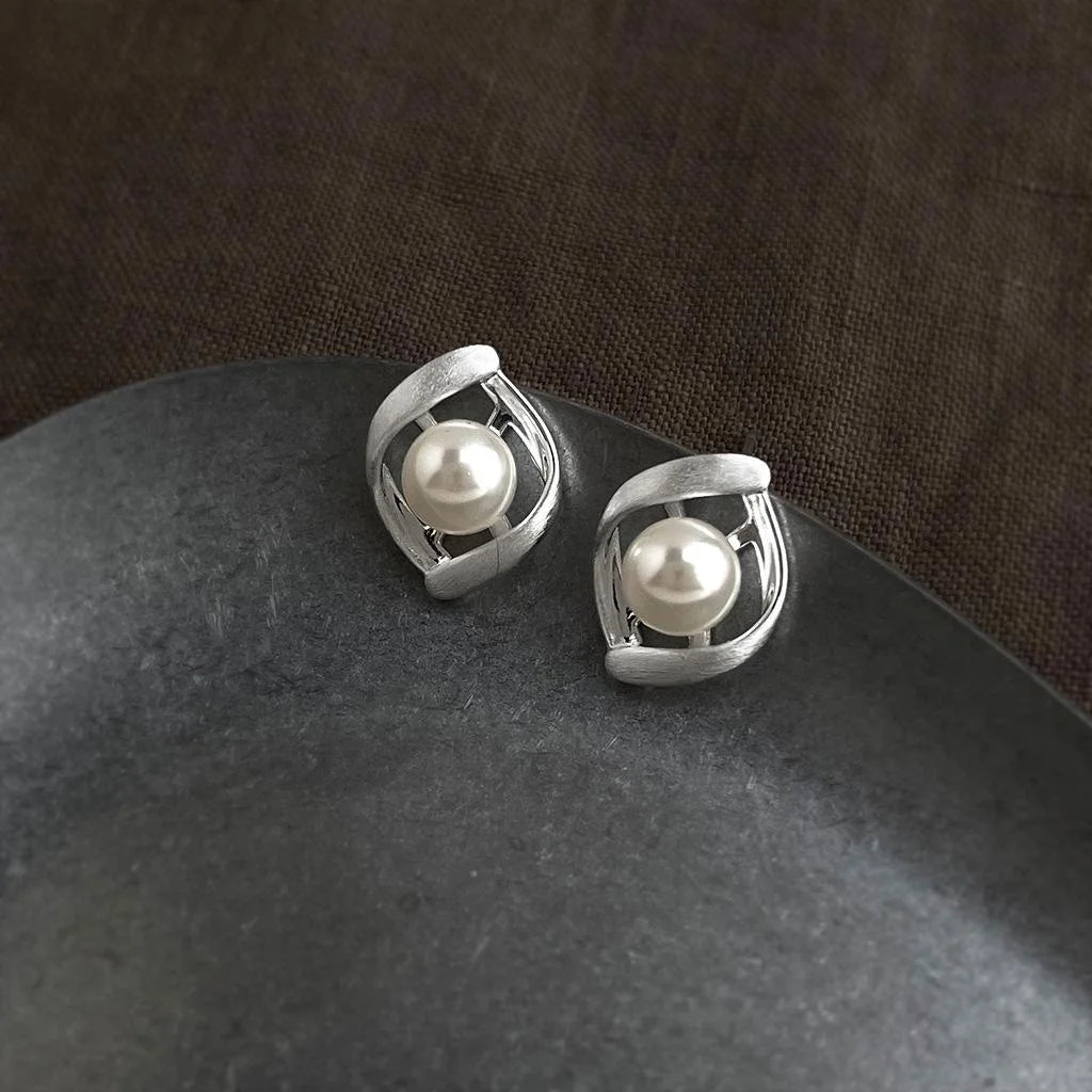 Brushed Silver Plated Copper Teardrop Pearl Stud Earrings Minimalist Geometric Twisted Hoop Design