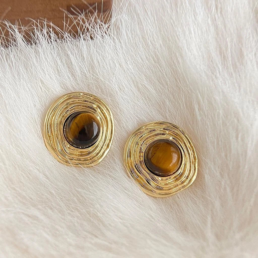 14K Gold Plated Tiger Eye Round Geometric Stud Earrings For Women Vintage Copper Jewelry