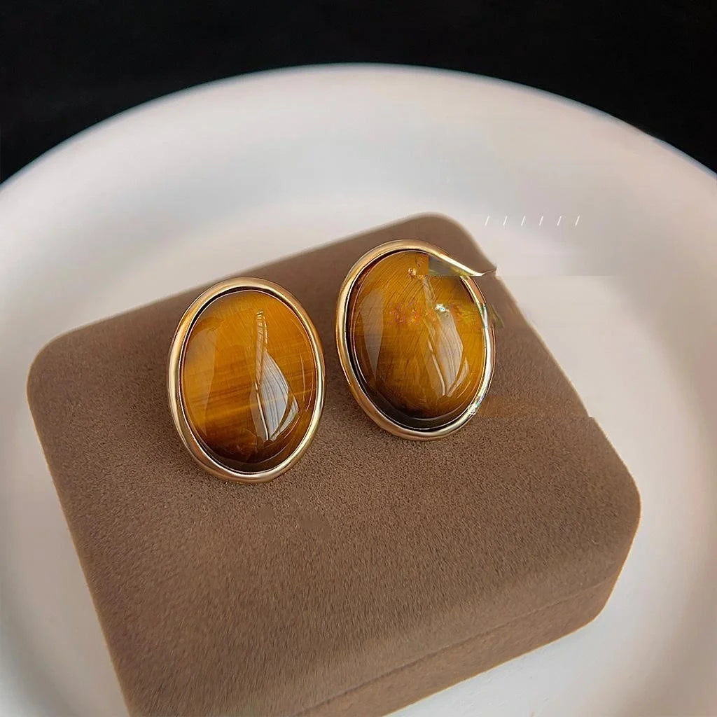 Vintage Tiger Eye Oval Geometric Stud Earrings 14K Plated Copper Natural Stone Ear Jewelry