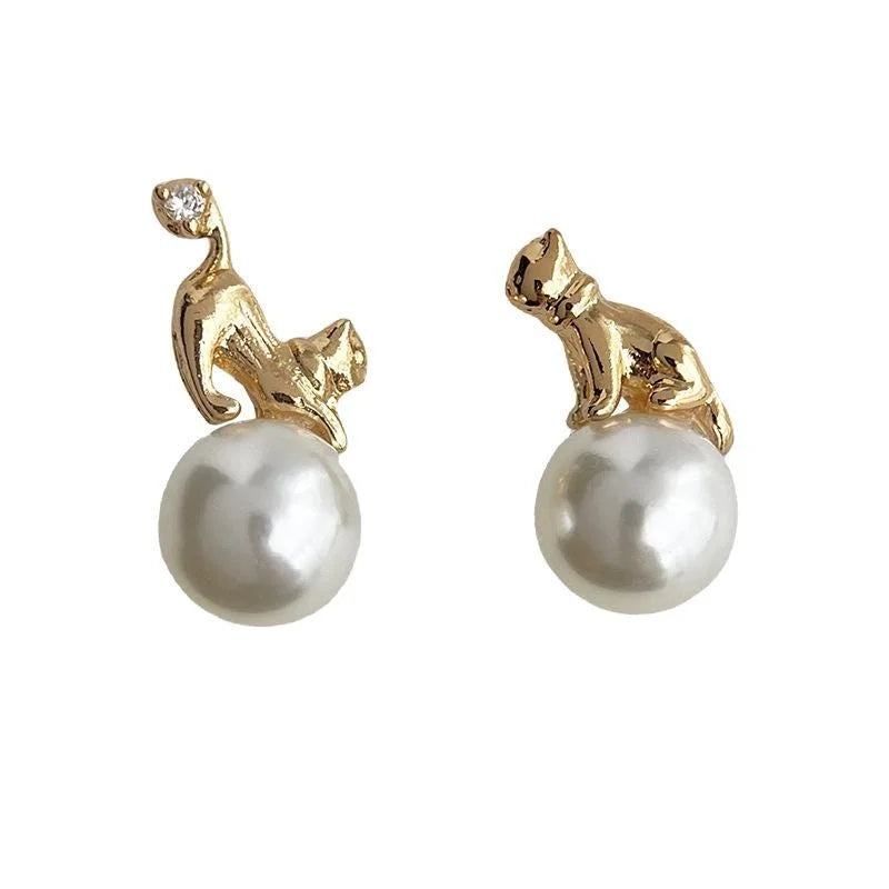14K Gold Plated Copper Pearl Asymmetric Cat Stud Earrings For Women Instagram Style Animal Jewelry