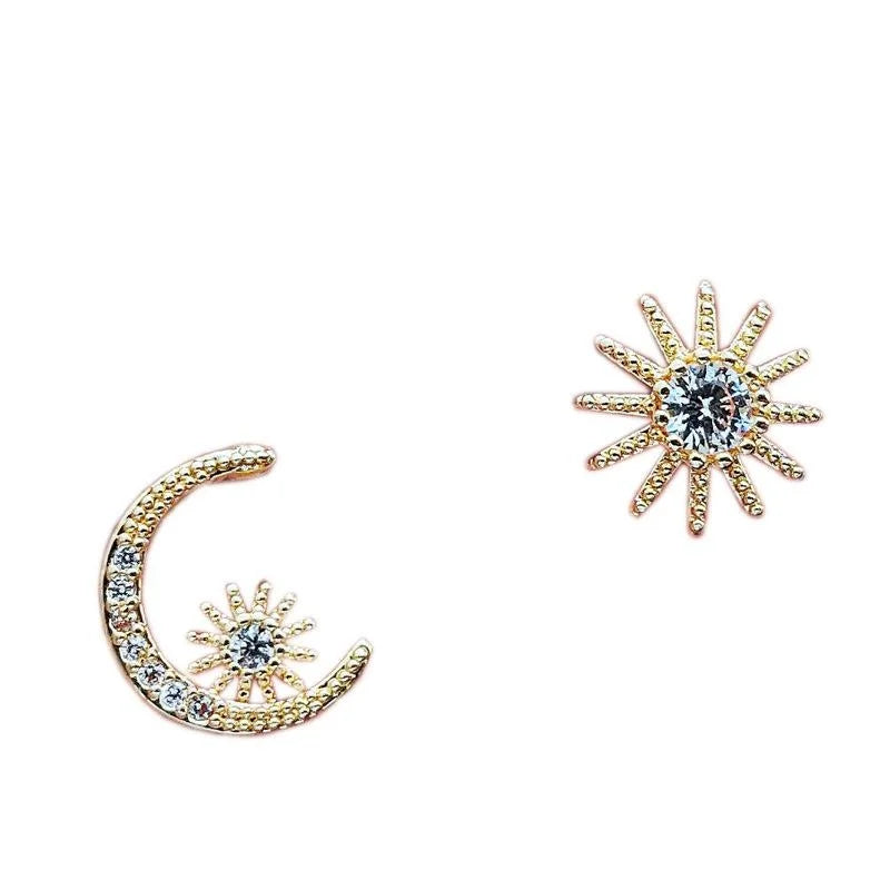 14K Gold Plated Zircon Star Moon Asymmetric Micro Pave Stud Earrings For Women