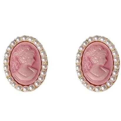 French Elegant Oval Portrait Stud Earrings Eco Copper Alloy Pink Beauty Geometric Jewelry