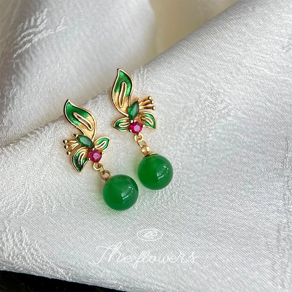 Chinese Style Green Agate Flower Drop Earrings, Copper Micro Pave Zircon Peacock Green Jewelry