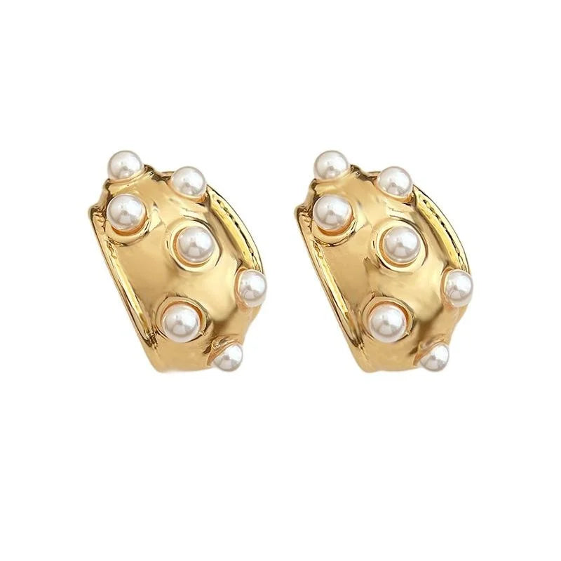 French Vintage Copper High Gloss Pearl Teardrop Stud Earrings Light Luxury Geometric Jewelry