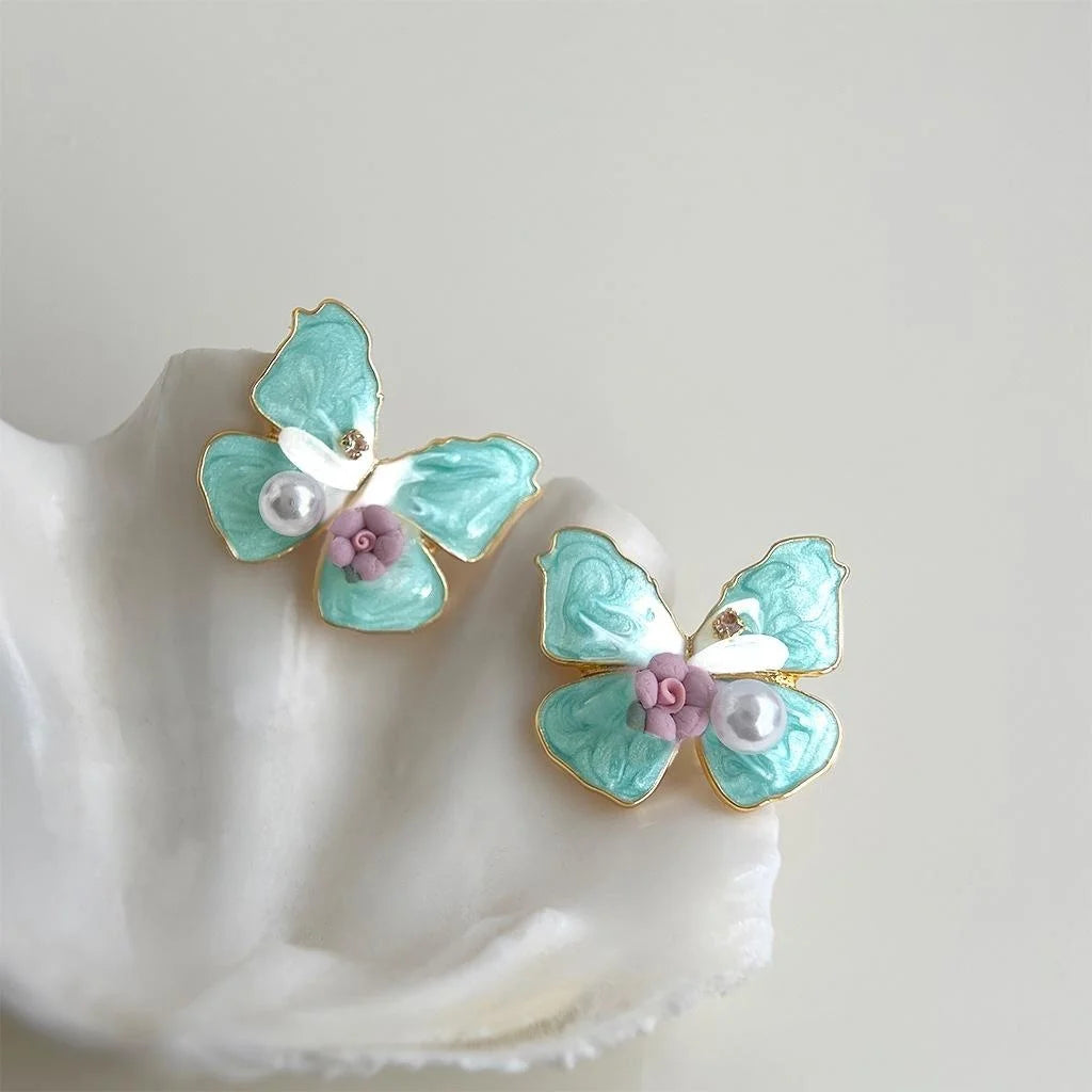 French Romantic Enamel Butterfly Stud Earrings Resin Ceramic Pearl Sweet Oil Painting Statement Jewelry