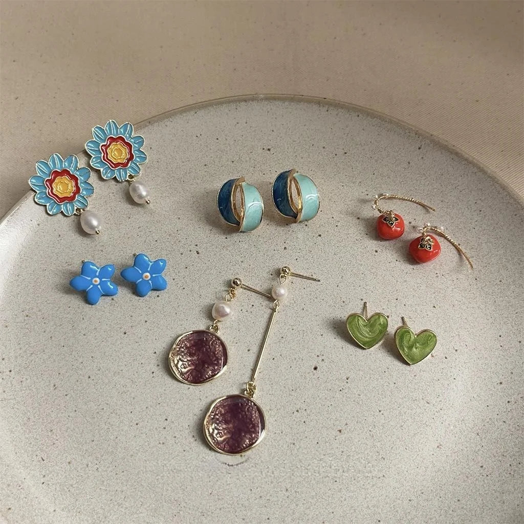 Sweet Floral Heart Fruit Enamel Copper Drop Earrings With Silver Plated Posts