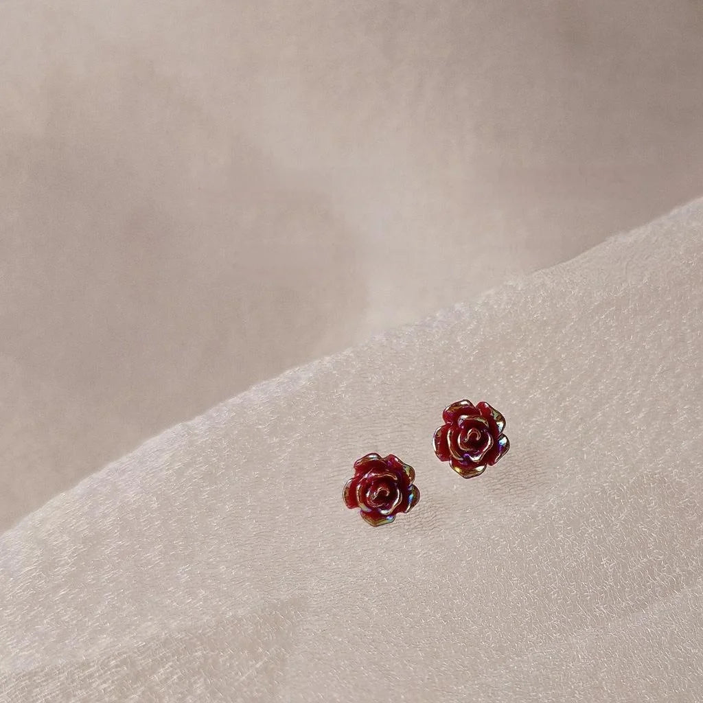Mini Red Rose Resin Stud Earrings For Women Silver Plated Pin Simple Korean Style