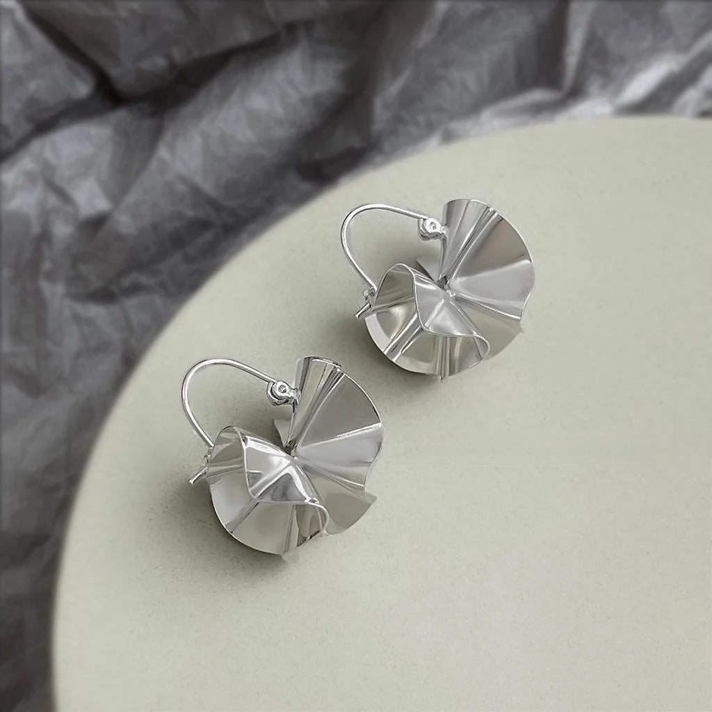 Designer Statement Geometric Pleated Irregular Skirt Drop Earrings Copper