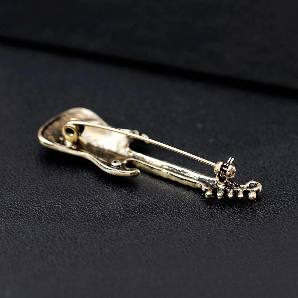 Vintage Guitar Brooch With Mother Of Pearl Shell And Rhinestone, Unisex Instrument Lapel Pin Suit Accessory