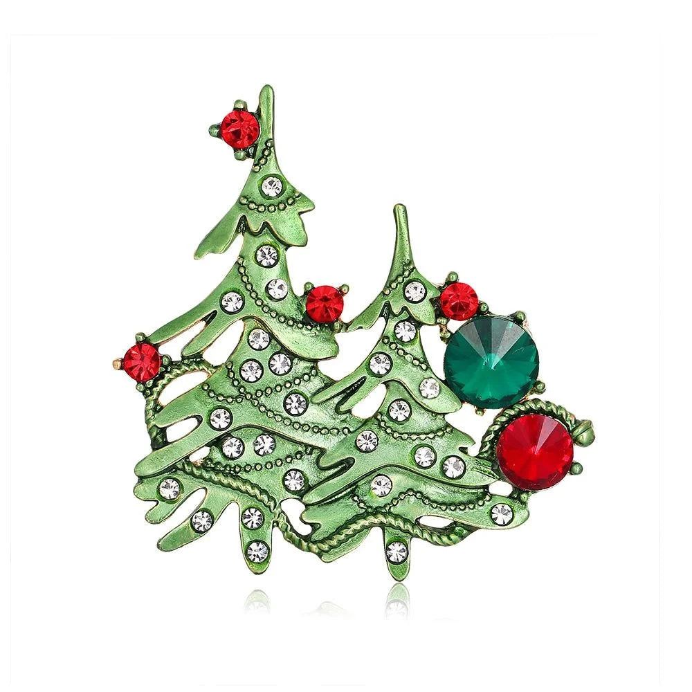 Elegant Green Enamel Christmas Tree Brooch With Rhinestones, Alloy Holiday Lapel Pin Corsage Gift