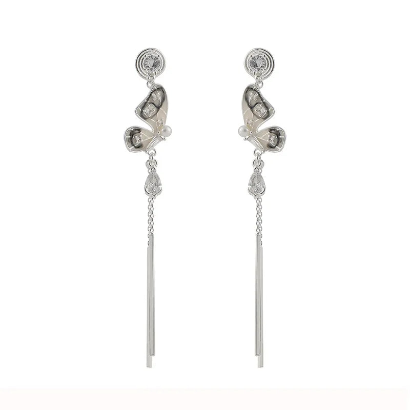 Elegant Ink Butterfly Alloy Crystal Long Tassel Stud & Clip On No Piercing Earrings