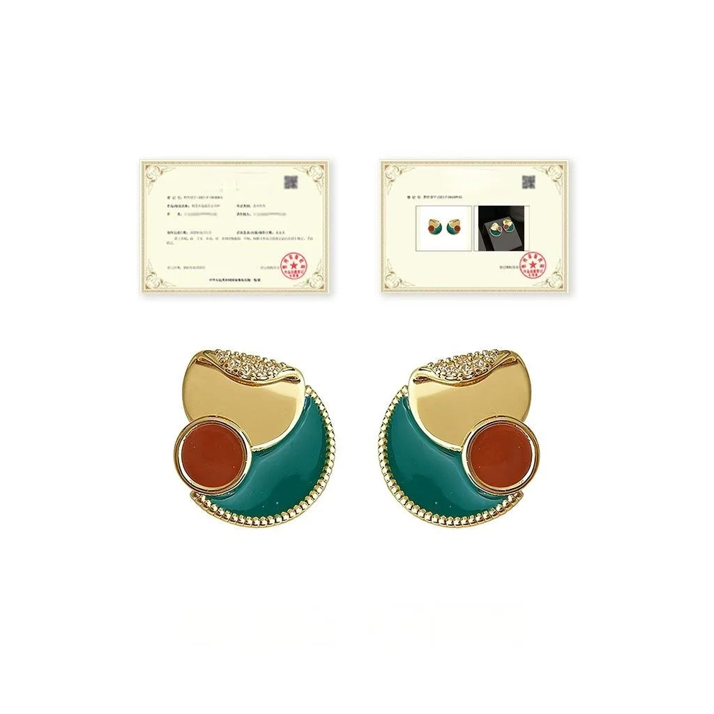Niche Designer Geometric Enamel Copper Zircon Round Triangle U Shape Stud Earrings for Women