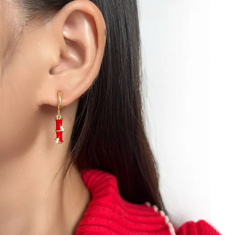 Elegant Red Enamel Bamboo Dangle Stud & Clip On No Piercing Alloy Zircon Oriental Earrings