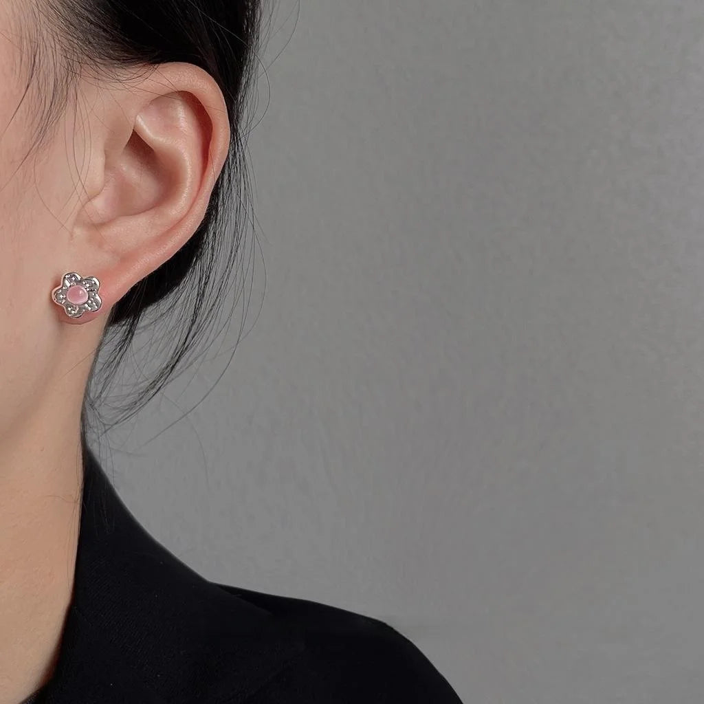 Sweet Cool Mini Pink Glass Cat Eye Peach Blossom Copper Stud Earrings For Women