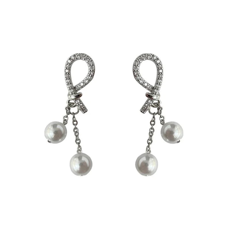 Light Luxury Copper High Luster Pearl Micro Pave Zircon Knot Tassel Drop Earrings