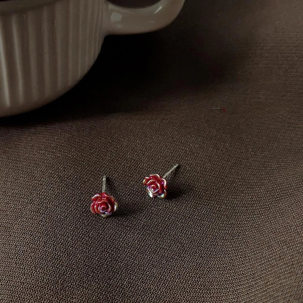 Mini Red Rose Resin Stud Earrings For Women Silver Plated Pin Simple Korean Style