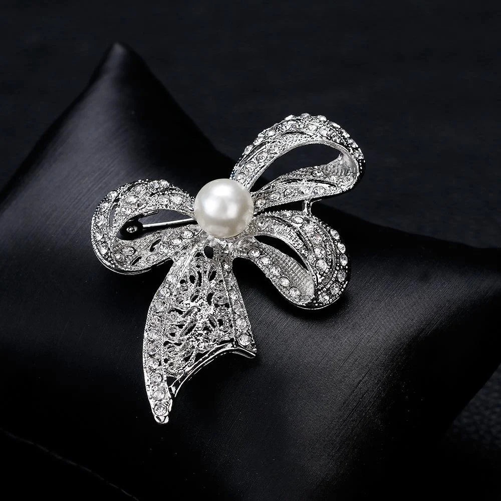 Elegant Rhinestone Bow Brooch With White Pearl Center, Plated Alloy Lapel Pin Corsage Suit Accessory Gift