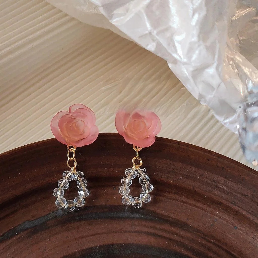Handmade Glass Crystal Pink Rose Stud Earrings French Vintage Beaded Vacation Style Jewelry