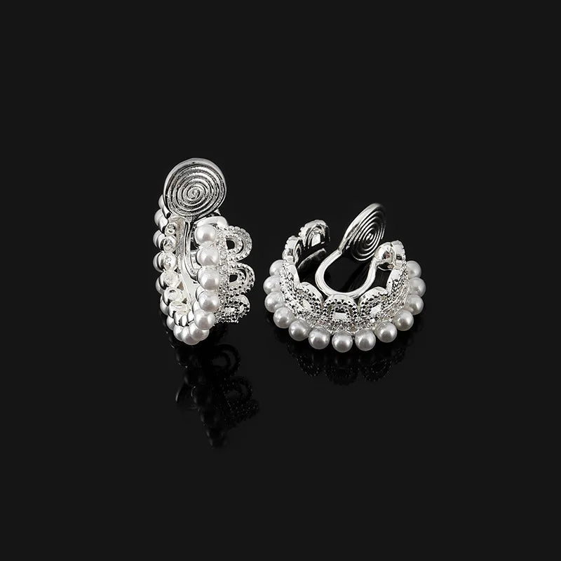 Elegant Lace Swirl Hoop Pearl Rhinestone Stud & Clip On No Piercing Women's Fashion Earrings