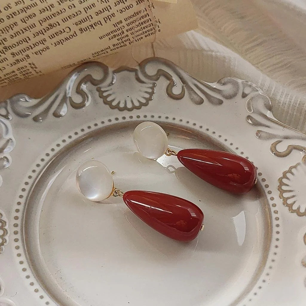 Vintage Hong Kong Style Burgundy Resin Water Drop Stud Earrings With Silver Plated Pins