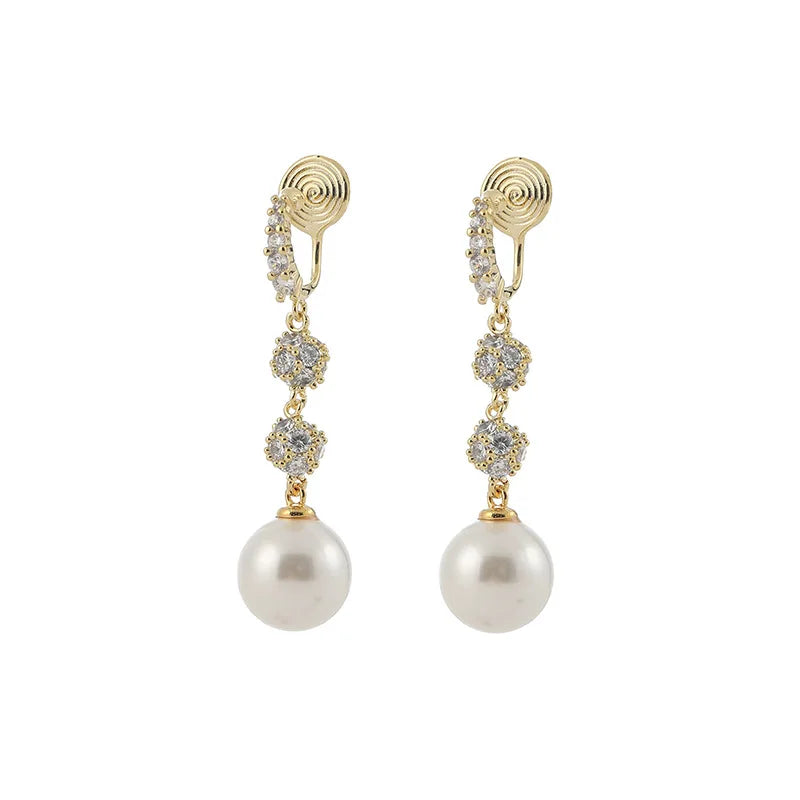 Elegant Zircon Pave Spiral Disc Pearl Drop Stud & Clip On No Piercing Long Dangle Earrings