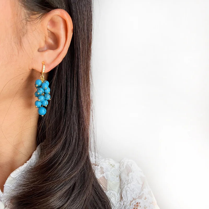 Elegant Blue Turquoise Stone Grape Cluster Dangle Stud & Clip On No Piercing Alloy Rhinestone Earrings