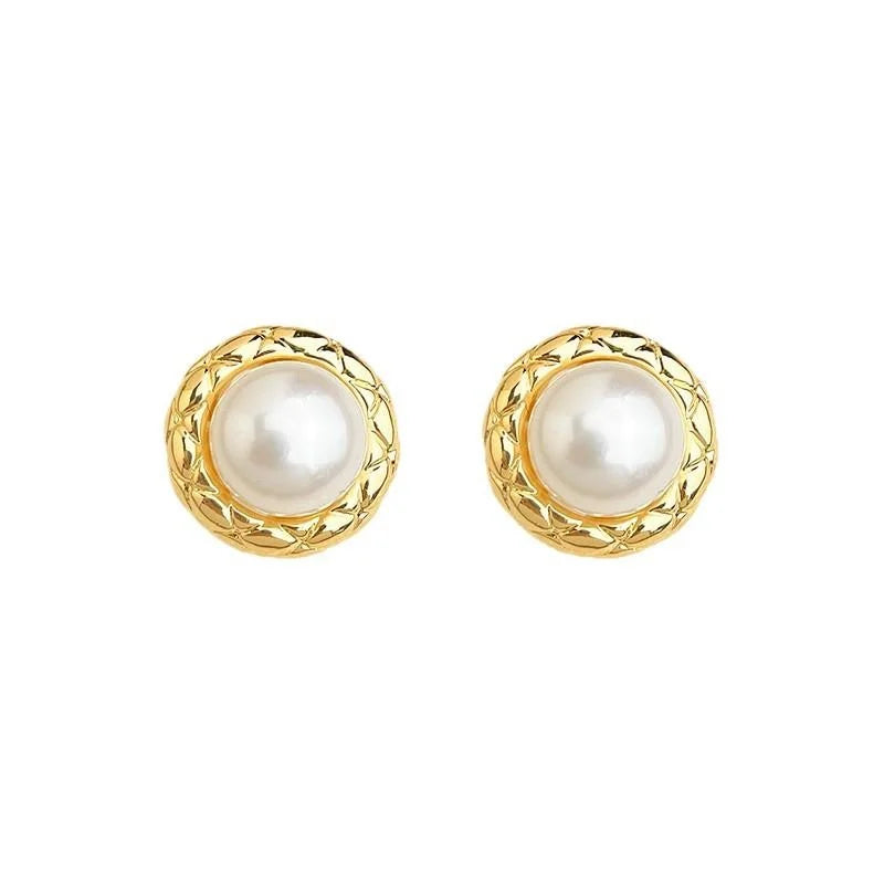 14K Plated Copper Freshwater Pearl Stud Earrings Round Geometric Minimalist Luxury Jewelry