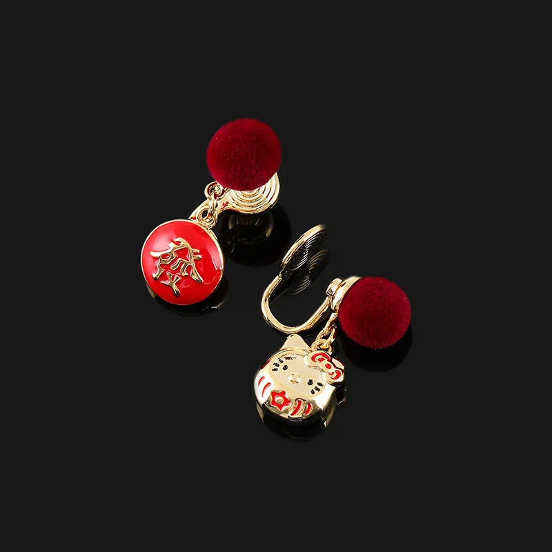Elegant Chinese New Year Red Velvet Ball Fortune Cat Enamel Alloy Stud & Clip On No Piercing Dangle Earrings