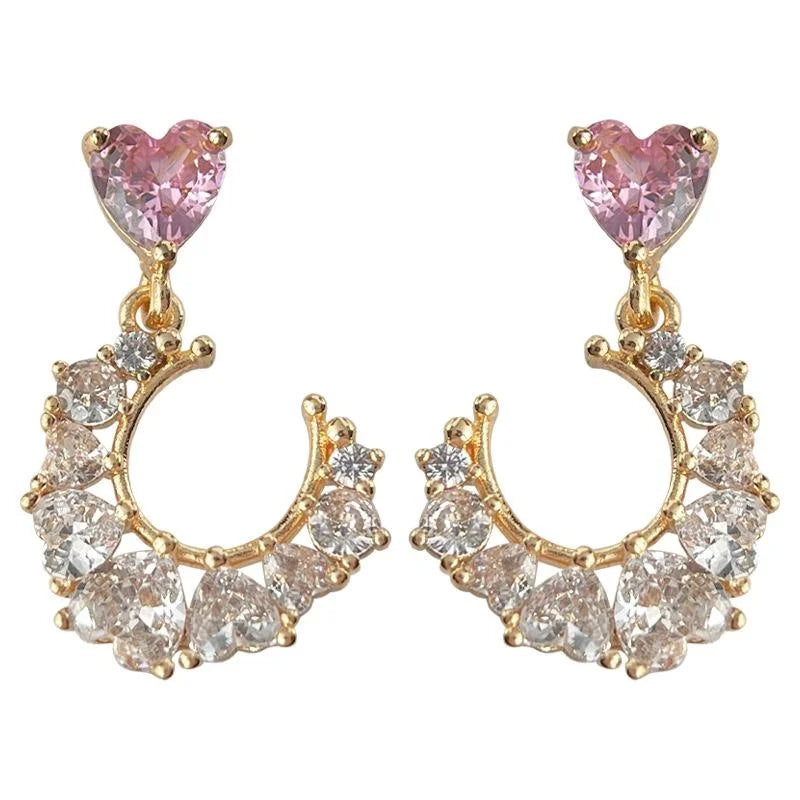 Light Luxury Copper Zircon Moon Heart Geometric Drop Earrings