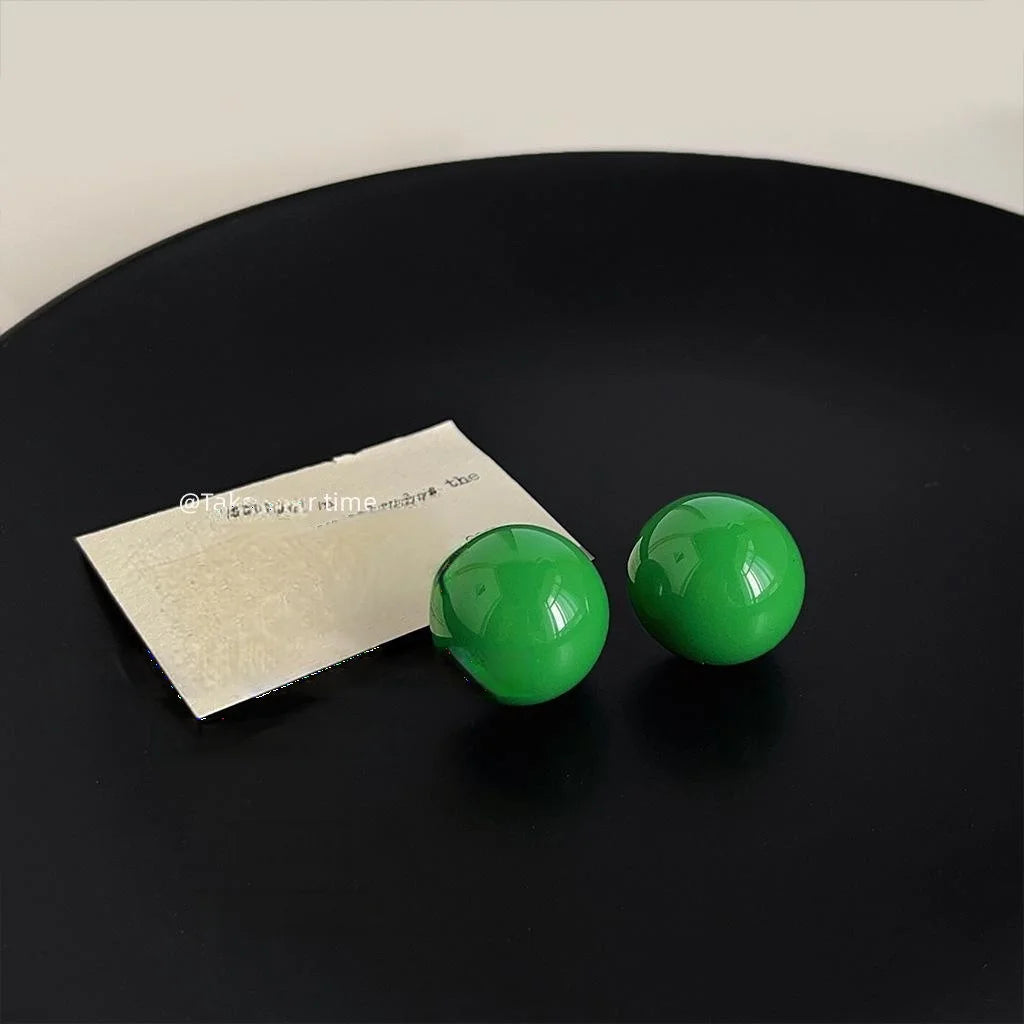 Premium Minimalist Green Acrylic Round Bean Stud Earrings With Silver Plated Pins