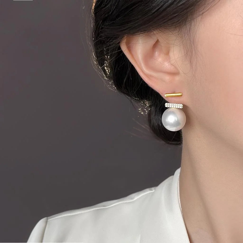 Light Luxury Two-Way Micro Pave Zircon Pearl Drop Earrings And Copper Geometric Design