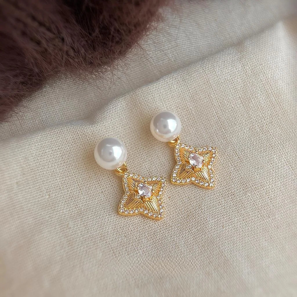 Premium Copper Micro Pave Zircon Glass Pearl Star Geometric Drop Earrings For Women
