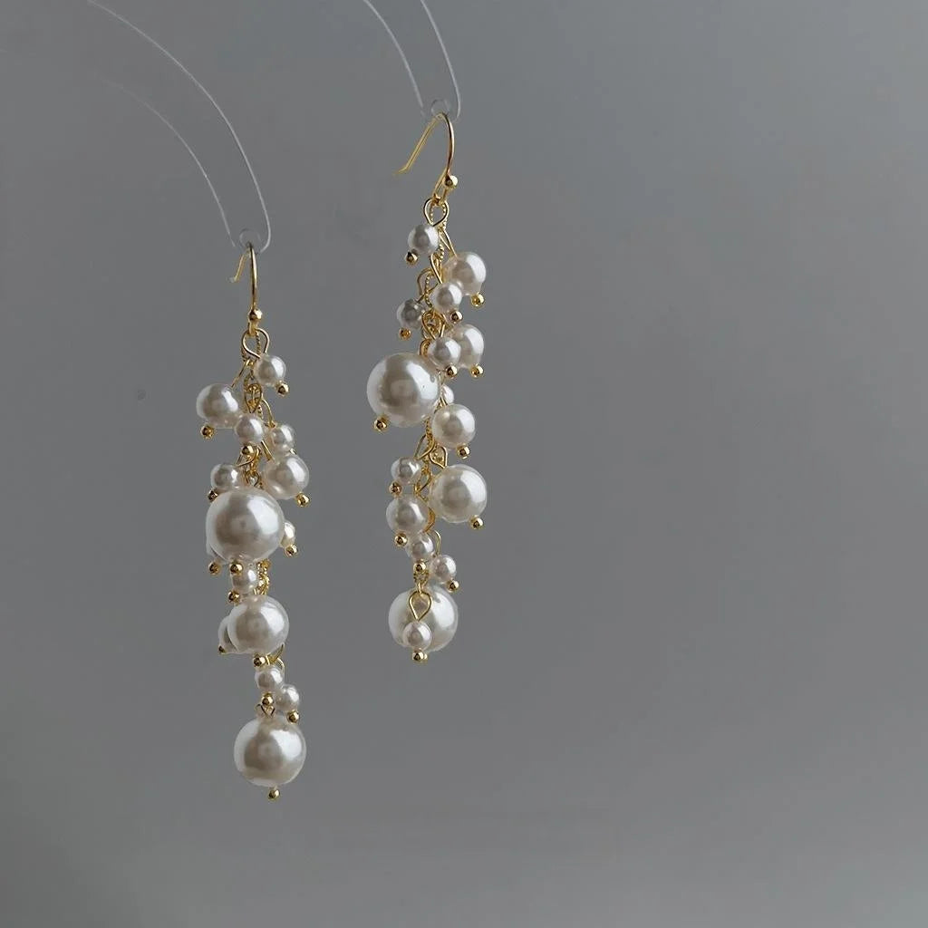 Light Luxury Handmade Geometric Glass Pearl Tassel Drop Earrings for Women