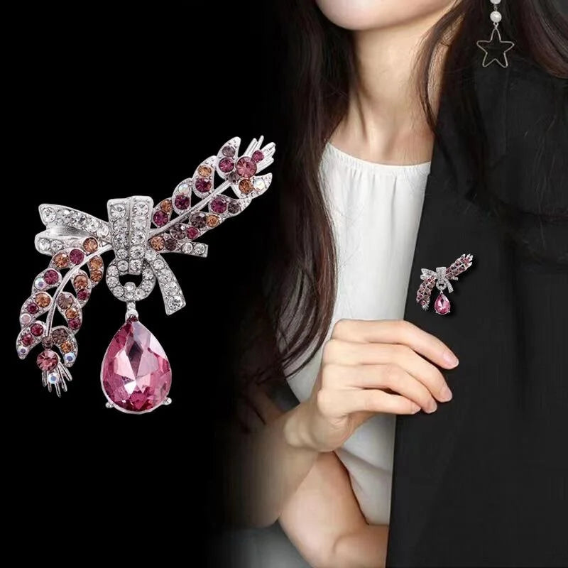 Elegant Rhinestone Bow And Wheat Ear Brooch With Blue Teardrop Crystal Lapel Pin Corsage Gift