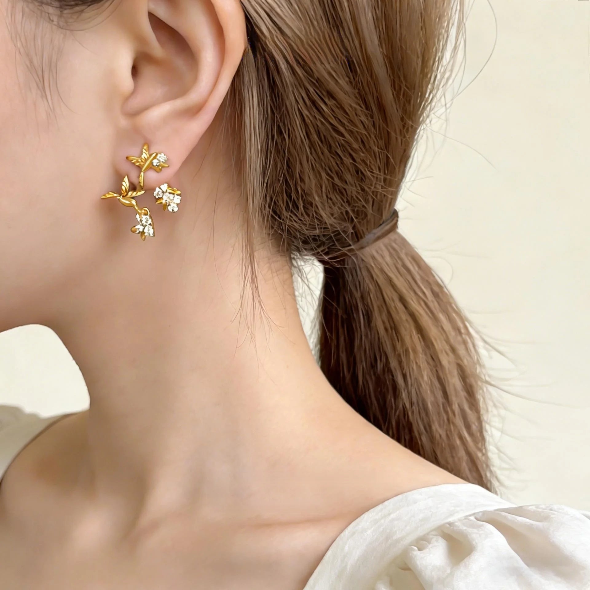 Multi Wear Flying Bird Zircon Copper Stud Earrings, Chic Niche Floral Animal Design