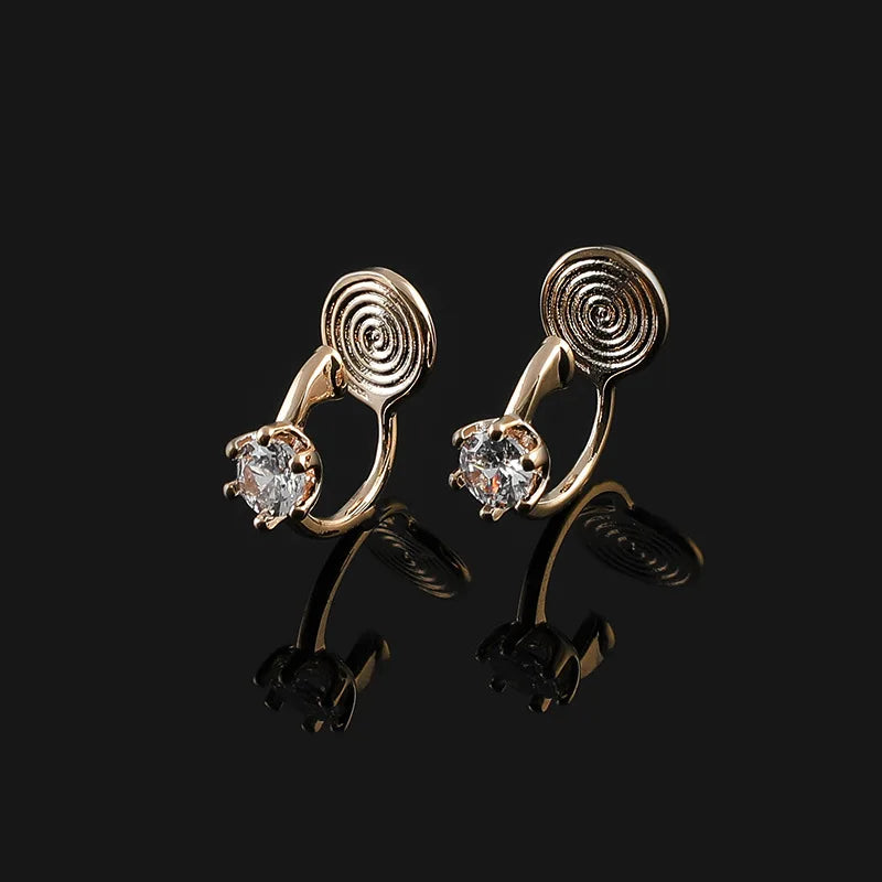 Elegant Gold Alloy Spiral Coil Hoop Zircon Stud & Clip On No Piercing Minimalist Round Cuff Earrings