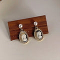 French Vintage 14K Plated Metal Oval Geometric Pearl Beauty Head Stud Earrings