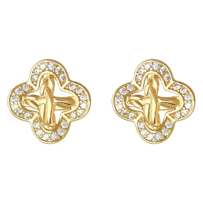Luxury Micro Pave Zircon Copper Stud Earrings With Silver Plated Pins, Geometric Floral Petal Design