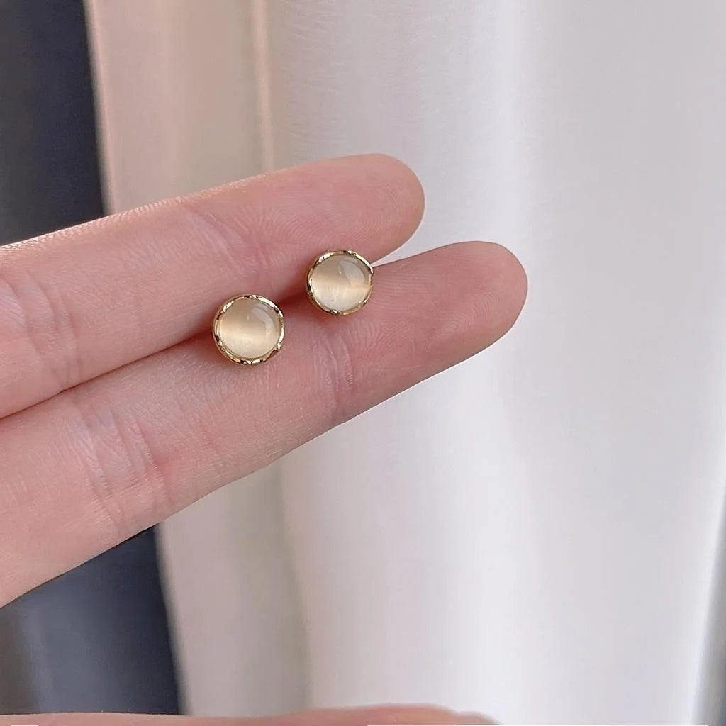 Minimalist 14K Plated Copper Round Glass Cat Eye Stone Stud Earrings For Daily Wear