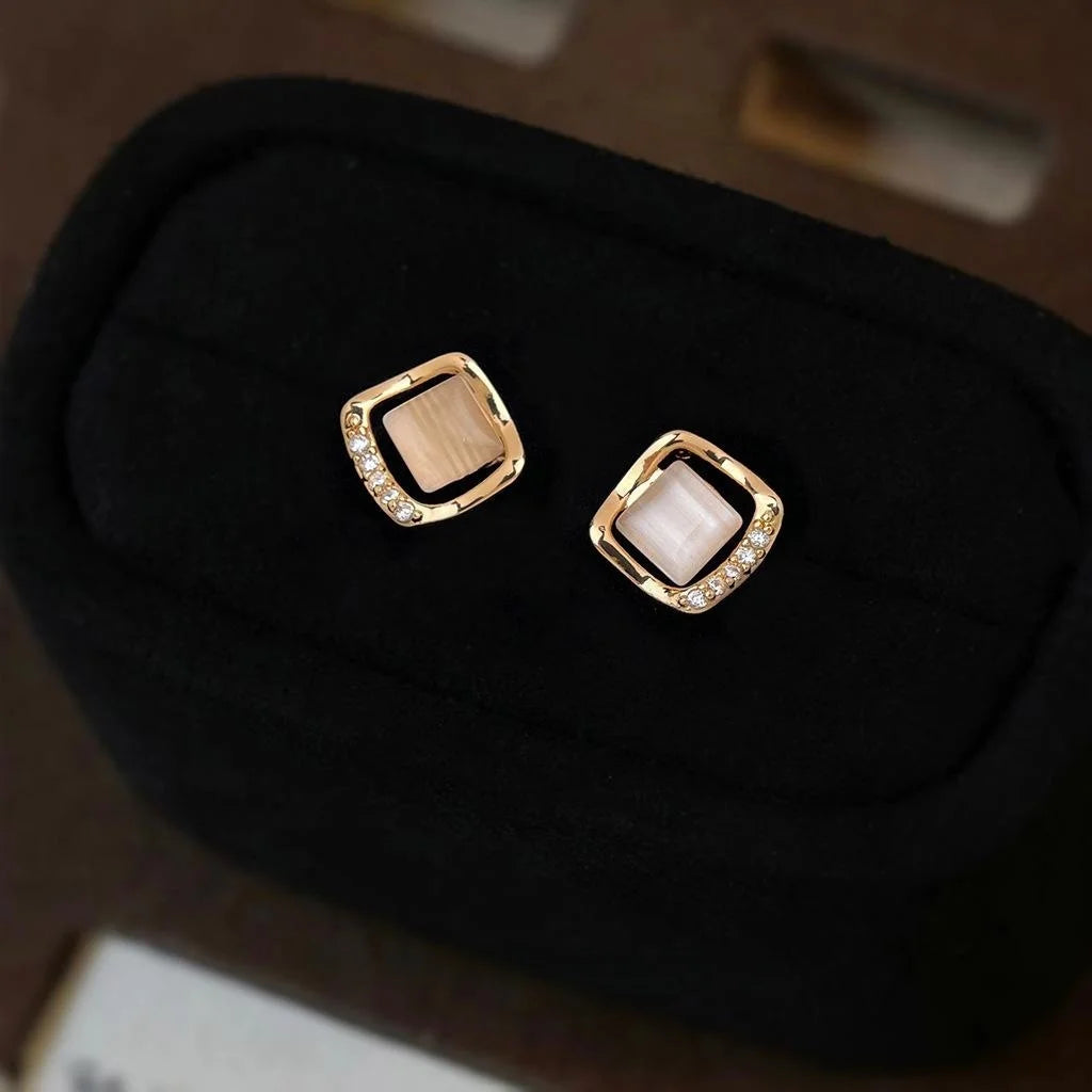 Minimalist Geometric Square Hollow Glass Cat Eye Stone Copper Stud Earrings With Silver Plated Pins