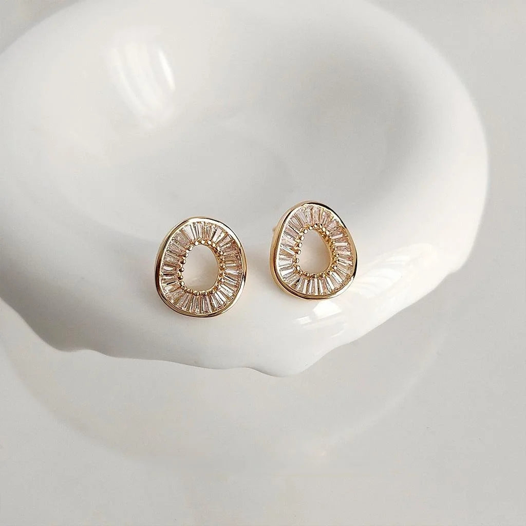 14K Gold Plated Copper Micro Pave Zircon Geometric Hollow Round Stud Earrings