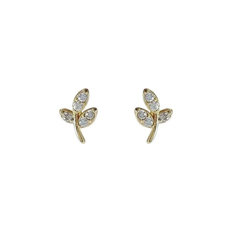 Minimalist Copper Micro Pave Zircon Olive Branch Leaf Stud Earrings For Women