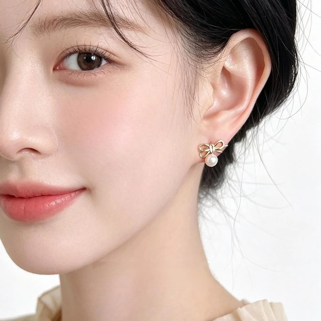 Fashion Bow Freshwater Pearl Stud Earrings Copper Hollow Rope Knot Sweet Commuter Jewelry