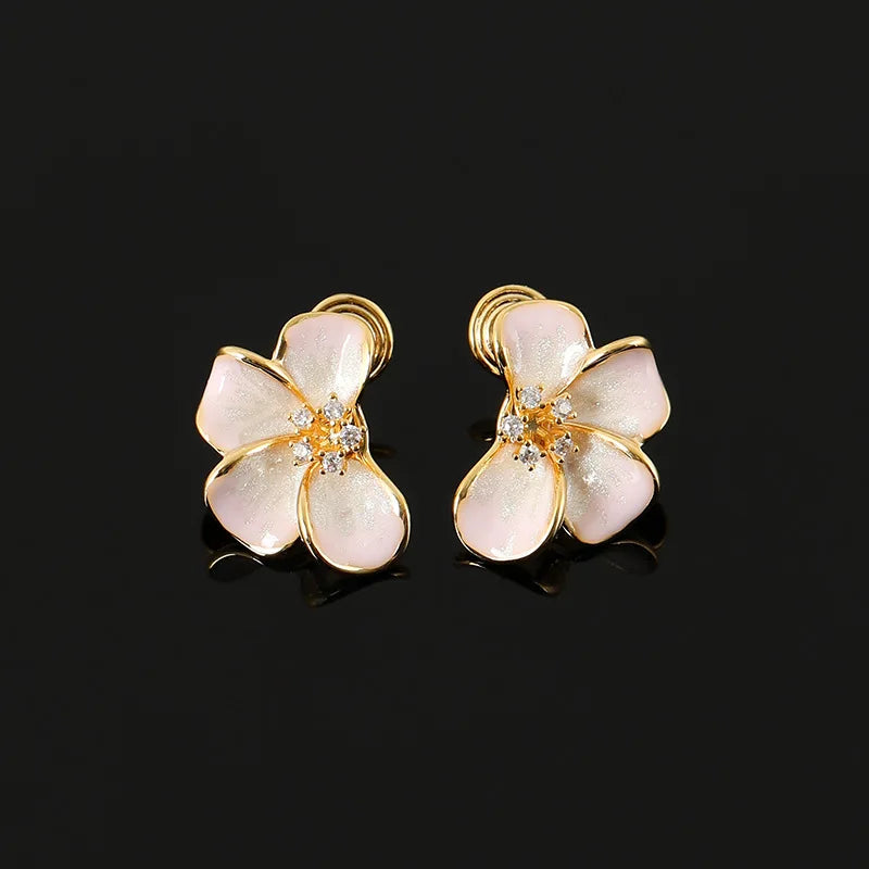 Elegant Pink Enamel Flower Alloy Rhinestone Stud & Clip On No Piercing Sweet Floral Earrings