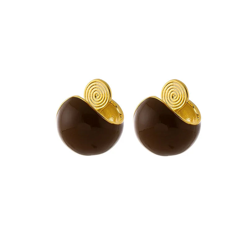 Vintage Maillard Brown Glossy Enamel Ball Spiral Alloy Stud & Clip On No Piercing Women's Earrings
