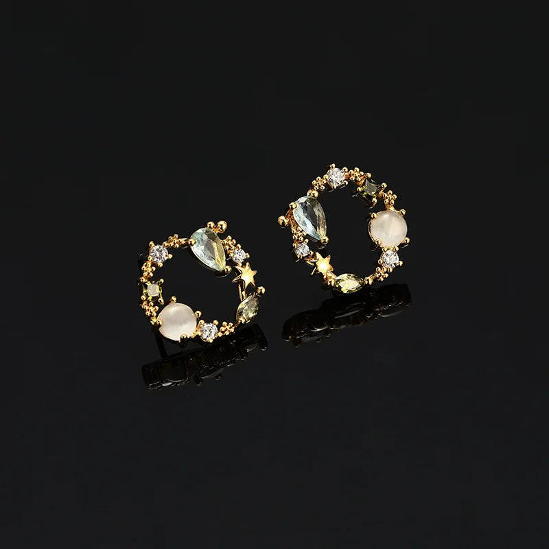 Elegant Green Cat Eye Crystal Wreath Hoop Stud & Clip On No Piercing Gold Alloy Fairy Earrings
