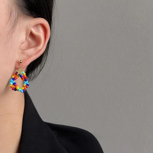 Handmade Colorful Seed Bead Tassel Drop Earrings Ethnic Geometric Vacation Jewelry